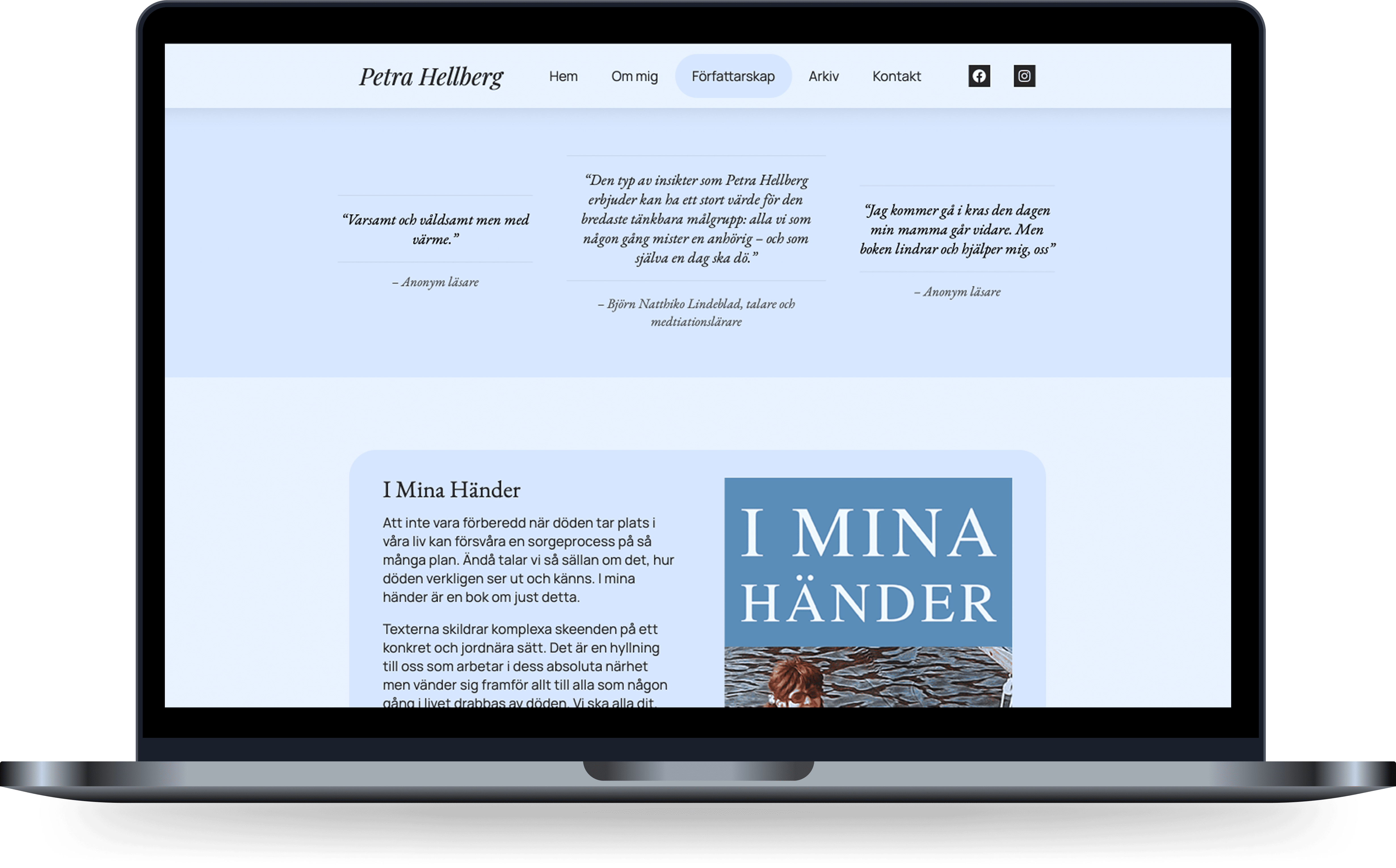 Petra Hellberg's website shown on a MacBook screen